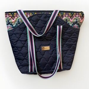 Cinda B Navy Purple Floral Tote Bag Striped Straps Quilted